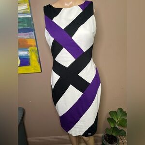 Caché Women's Abstract Colorblock Sheath Dress Purple Black White 4